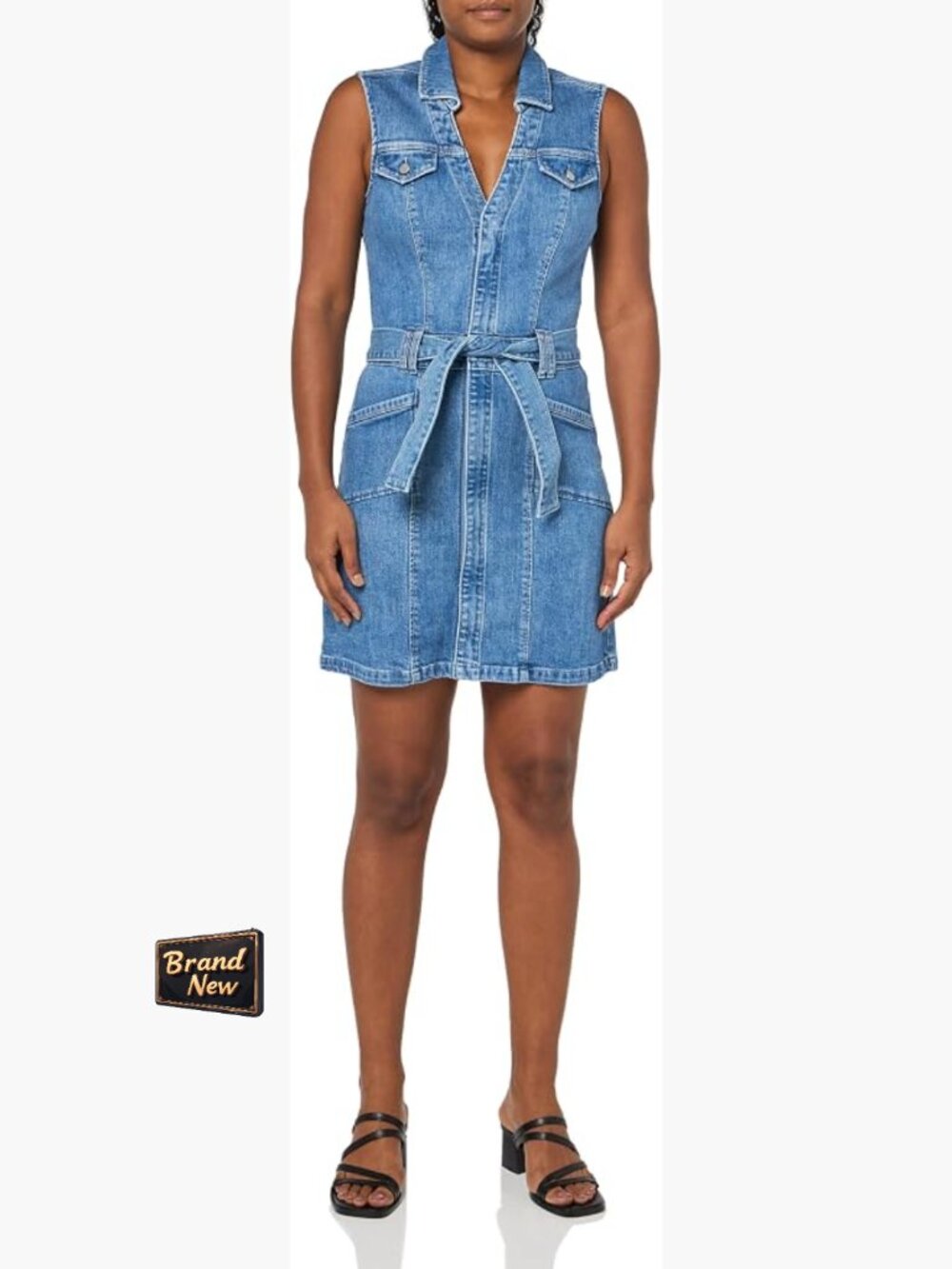 Sleeveless Denim Mini Dress with V-Neck and Self Tie